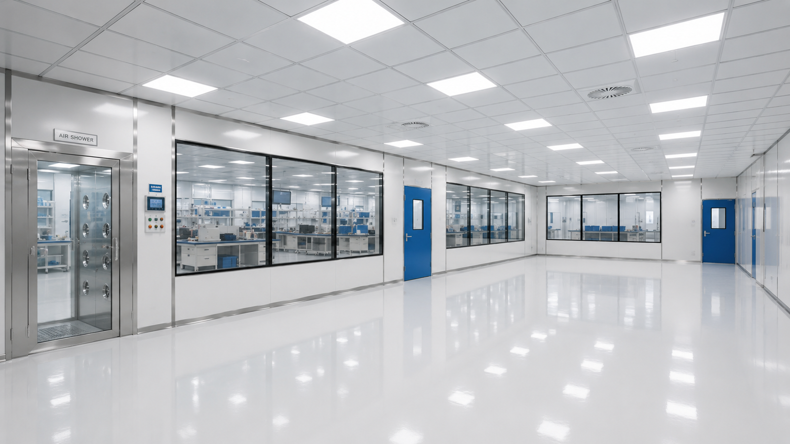 Cuarto limpio industrial con puertas de acceso de alta velocidad y piso epóxico azul